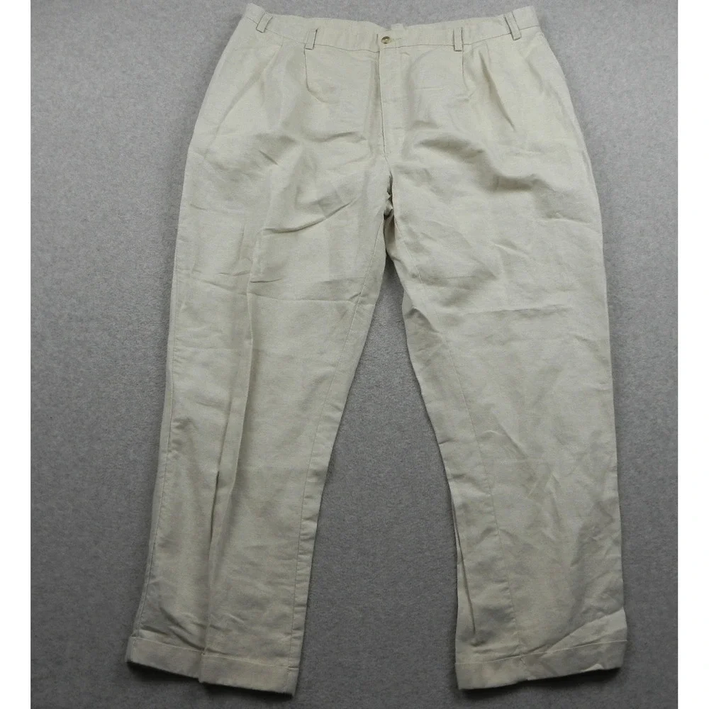 Roundtree & Yorke Pants Mens 44x30 Relaxed Fit Linen Cotton Pleated Cuffed Beige